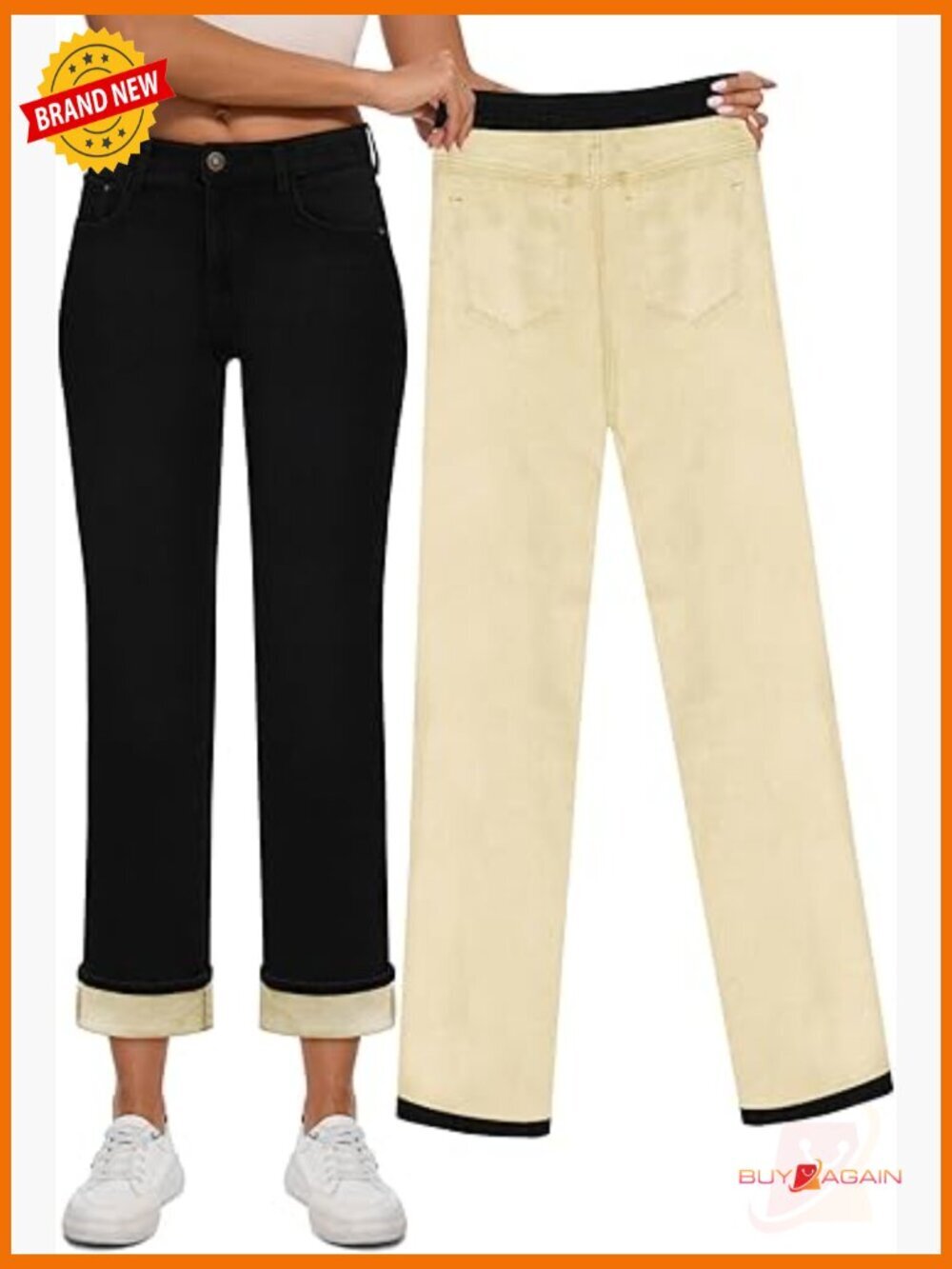 Fleece Lined High Waisted Straight Leg Jeans Winter Pants